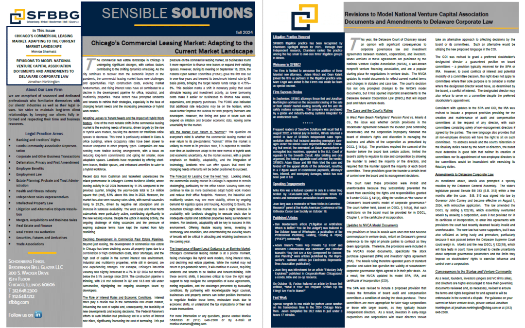 Chicago’s Commercial Leasing Market: Adapting to the Current Market Landscape / Revisions to Model National Venture Capital Association Documents and Amendments to Delaware Corporate Law (Fall 2024)